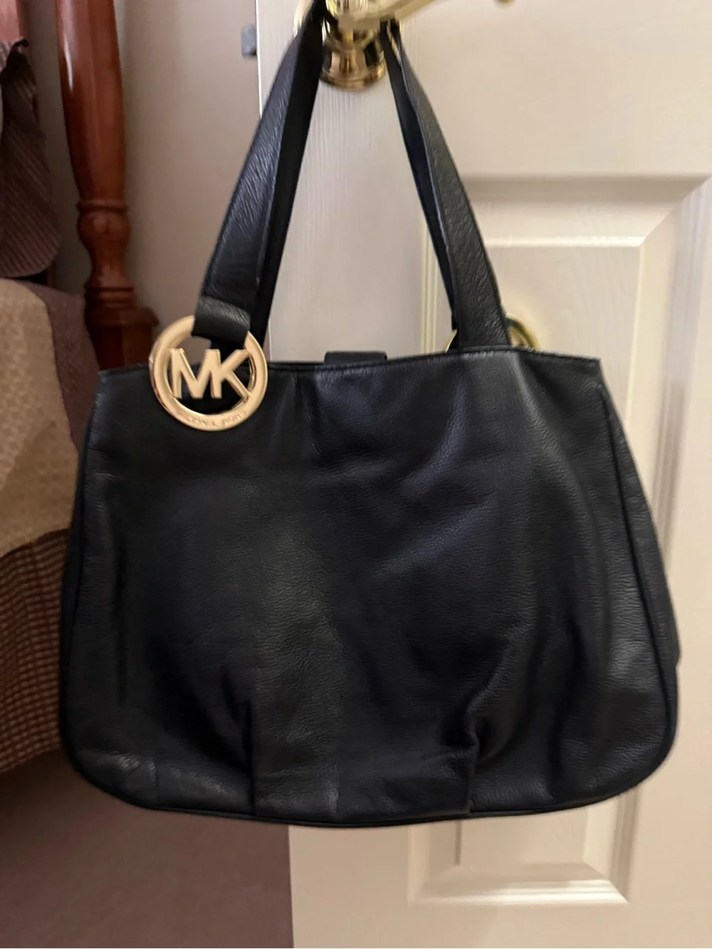 Michael Kors Black Leather Shoulder Tote with Gold MK Charm